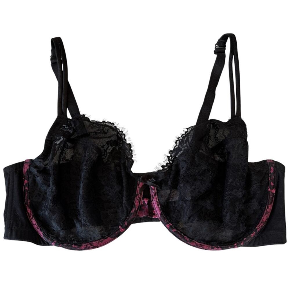 Cacique Black Lace Sheer Underwire Plus T-Shirt Bra Hot Pink Accents Size 44D